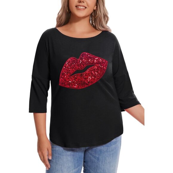 Women's Sequin Heart Love Shirt Plus Size Loose Tunic 3/4 Sleeve Boat Neck - Picture 2 of 6